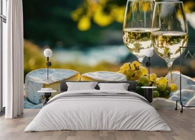 cheese glasses with wine grapes picnic. Selective focus Wall mural