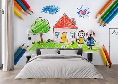 children's drawing with colored pencils on white Wall mural