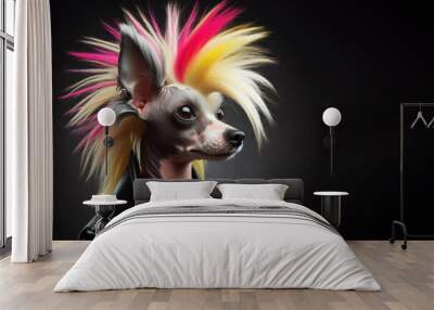 Chinese crested as a punk with bright mohawk on solid dark background. ai generative Wall mural