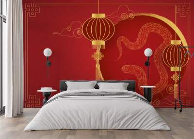 Chinese new year, gold and red, template for greetings, banner, poster. 2025 Frame with golden snake and copy space Wall mural