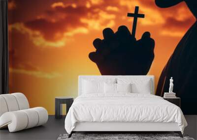 Christian hands Pray silhouette on sun set closeup. ai generative Wall mural