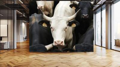 Close-up of a dense herd of black and white bulls with ear tags, showcasing farm livestock in an outdoor setting. Wall mural