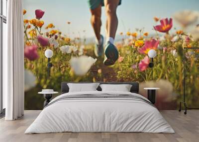 close-up of the legs of a male athlete running across a field of flowers Wall mural