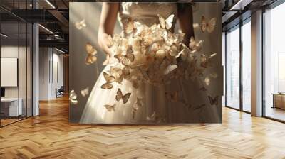 Close up photo of woman hands holding an elegant bridal bouquet with real flowers and decorated with silk butterflies. Generative AI Wall mural