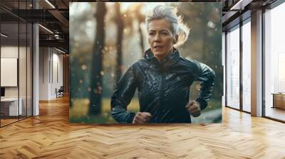 Close up portrait woman running in a park during the rain with sun flare , middle aged fit while jogging Wall mural