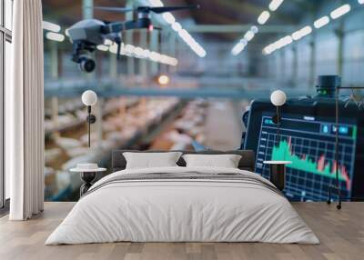 Close-up view of a drones control screen, displaying data on air quality and temperature distribution inside a poultry facility Wall mural