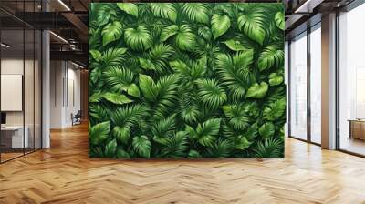 Close-up view of various tropical leaves, creating a dense and lush green pattern Wall mural