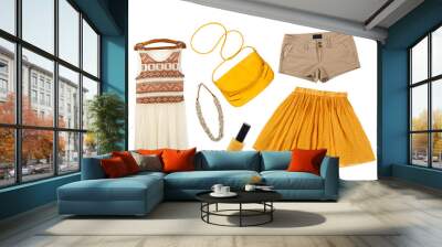 collage of collection female summer clothes isolated on white background Wall mural