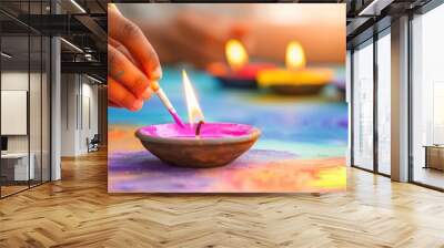 Colorful Diya painting with brushes during Diwali festival celebration Wall mural