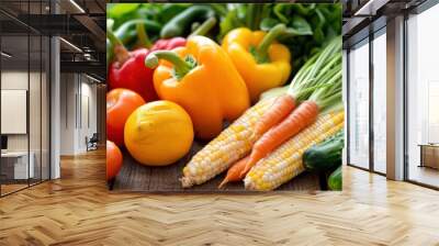 Colorful fresh vegetables including peppers, tomatoes, corn, carrots, and cucumbers are arranged on a rustic wooden table, showcasing their vibrant hues and freshness Wall mural