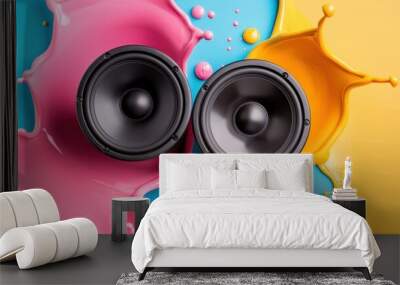 Colorful sound: two black speakers on a vibrant splash background. Wall mural