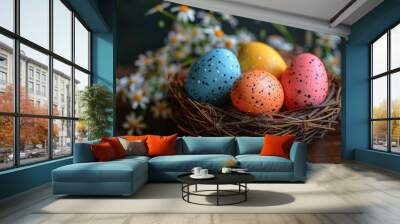 Colorful speckled easter eggs in a nest with daisies on wooden background Wall mural