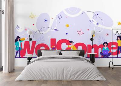 Concept new team member, welcome word, people celebrate, for web page, banner, presentation, social media, documents, cards, posters. meeting, greeting concept Vector illustration Wall mural