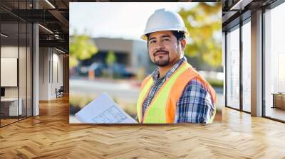 Construction worker with plans outdoors at sunset Wall mural