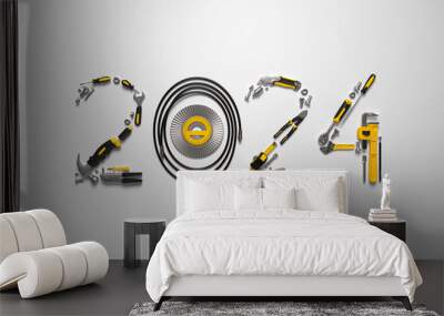 Creative 2024 New Year design template on engineering, construction, interior finishing, repair and maintenance theme. 3d render illustration for a greeting card, calendar or banner. Wall mural