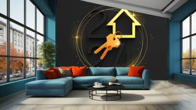 Creative 2024 New Year design template with golden keys and an abstract house symbol. 3D render illustration for a greeting card or banner.	 Wall mural