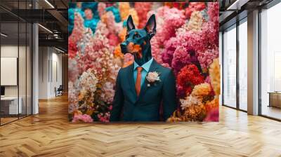 Creative animal concept. A doberman in smart suit, surrounded in a surreal garden full of blossom flowers floral landscape. advertisement commercial editorial banner card, art creative Wall mural