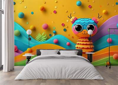 Cute cartoon owl sitting on colorful abstract background Wall mural