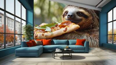 cute handsome sloth eating pizza. Wall mural