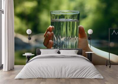 Cute little boy with a glass of water on nature. Wall mural