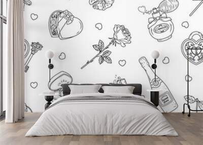 Cute seamless pattern with Valentine's Day doodle items on a white background. Handmade vector illustration Wall mural