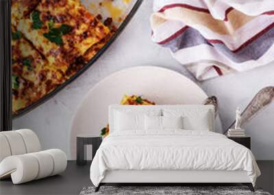 delicious homemade italian lasagna with bachamel sauce on gray background. hot tasty lasagna with ch Wall mural