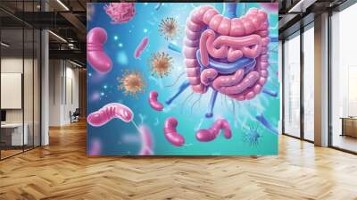 Diagram illustrating the role of probiotics in maintaining gut flora balance and digestive well-being Wall mural