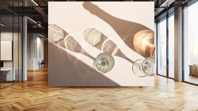 Different glasses for wine, cocktails, drinks, long sun shadow on a light beige background. The concept of wine tasting or summer vacation. Wall mural