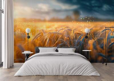 Digital farming analytics at sunset. Close-up of wheat field with holographic data and charts overlay, showcasing modern agricultural technology. Concept of precision farming and crop data analysis. Wall mural