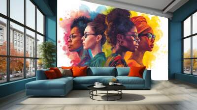 Diverse representations of woman figures different ages across different fields like science, sports, literature, and business Wall mural