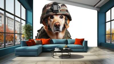 Dog sit a military bulletproof vest and helmet isolated on a white background Wall mural