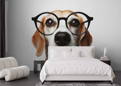 dog wear glasses with strange facial expressions on solid white background Wall mural