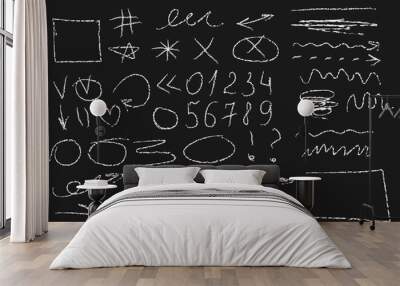 Drawings in black charcoal, chalk or wax pencil on blackboard. Letter, number, kid drawing cute. Wall mural