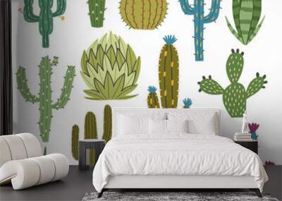 Set green multicolored cactus plants aloe succulents. Doodle hand drawn nature element naive vector art on white isolated background Wall mural