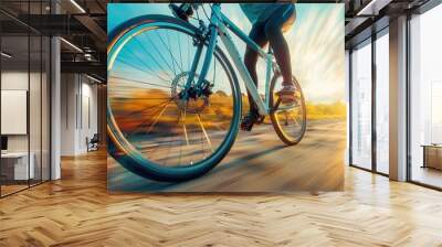 Dynamic cycling journey at sunset capturing speed and adventure in motion Wall mural