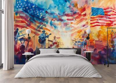 Dynamic watercolor illustration of a patriotic concert on Independence Day, with a lively band, enthusiastic crowd, and fluttering American flags. Patriotic concert scene with American flags and music Wall mural