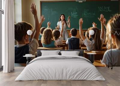 Education, question with group of children in classroom and raise their hands to answer. Learning or support, diversity and teacher teaching with young students in class of school building together Wall mural