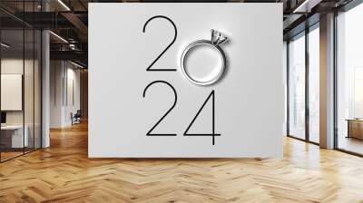 Elegant 2024 New Year wedding background with luxury diamond engagement ring. 3D render illustration. Wall mural