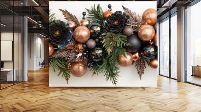 Elegant festive garland with metallic ornaments and pine cones for holiday decor Wall mural