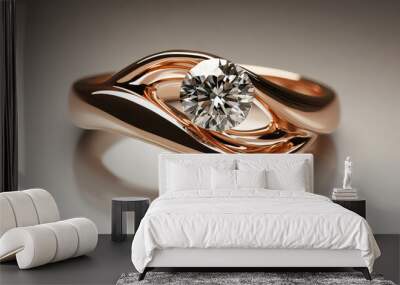 Elegant rose gold ring with a large diamond on a reflective surface. Wall mural