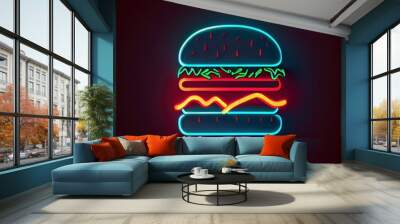 neon burger logo on black background, glowing sign restaurant icon design, generative ai, concept fast food business  Wall mural