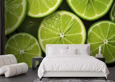 pattern of fresh lime citrus slices background, colorful seamless texture, close up , generative ai Wall mural