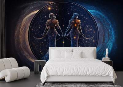 zodiac sign gemini twins, magic circle galaxy universe stars astronomy astrology, fantasy dream elements, generative ai Wall mural