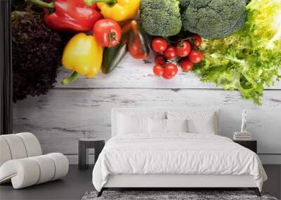 Organic food background. Food photography different vegetable on old light wooden background. Copy space. High resolution product Wall mural