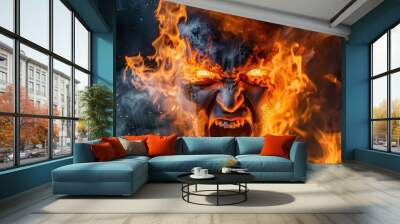 fiery face with orange flame symbol of rage Wall mural