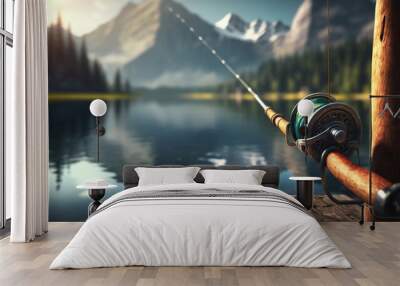 fishing rod on the background of the lake. Generative AI Wall mural