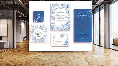 Floral wedding invitation, save the date, menu, RSVP, greeting card, information, thank you, label, table number and place card. Set of vector template card. Blue flowers and leaves on white.  Wall mural