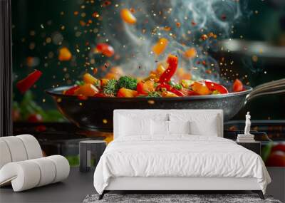 Fresh colored vegetables are flying from a hot frying pan on the stove Wall mural