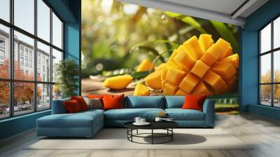 Fresh delicious sweet mangoes on a wooden background Wall mural