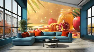 Fresh honey in jar with honey dipper, pomegranate, and apples under sunlight among tropical leaves. Rosh Hashanah Banner. Wall mural